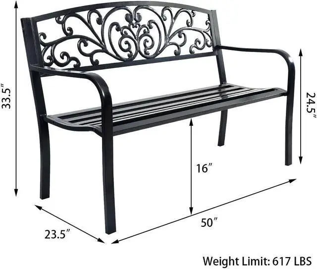 Alt view image 2 of 7 - SlickBlue 50 Inch Patio Park Steel Frame Cast Iron Backrest Bench Porch Chair