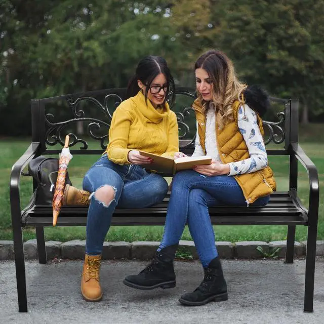 Alt view image 4 of 7 - SlickBlue 50 Inch Patio Park Steel Frame Cast Iron Backrest Bench Porch Chair