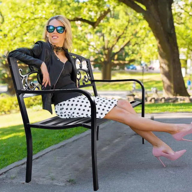 Alt view image 6 of 7 - SlickBlue 50 Inch Patio Park Steel Frame Cast Iron Backrest Bench Porch Chair