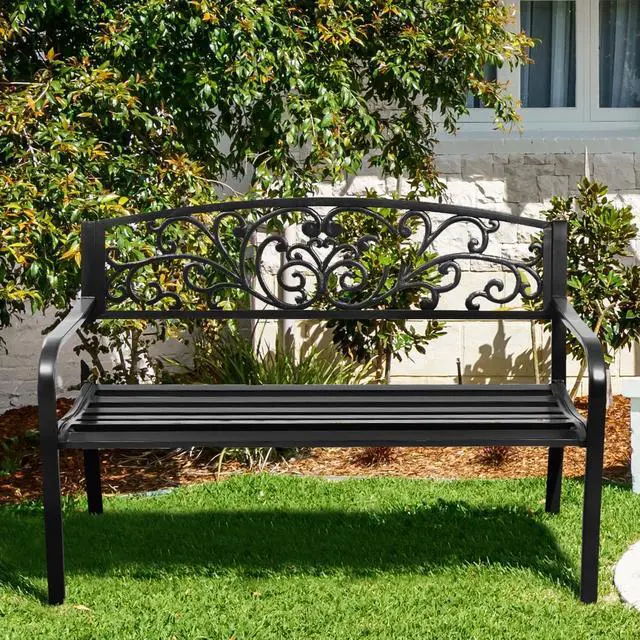 Alt view image 7 of 7 - SlickBlue 50 Inch Patio Park Steel Frame Cast Iron Backrest Bench Porch Chair