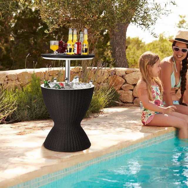 Alt view image 6 of 7 - SlickBlue 3 in 1 8 Gallon Patio Rattan Cooler Bar Table with Adjust Ice Bucket