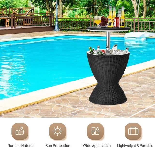Alt view image 3 of 7 - SlickBlue 3 in 1 8 Gallon Patio Rattan Cooler Bar Table with Adjust Ice Bucket