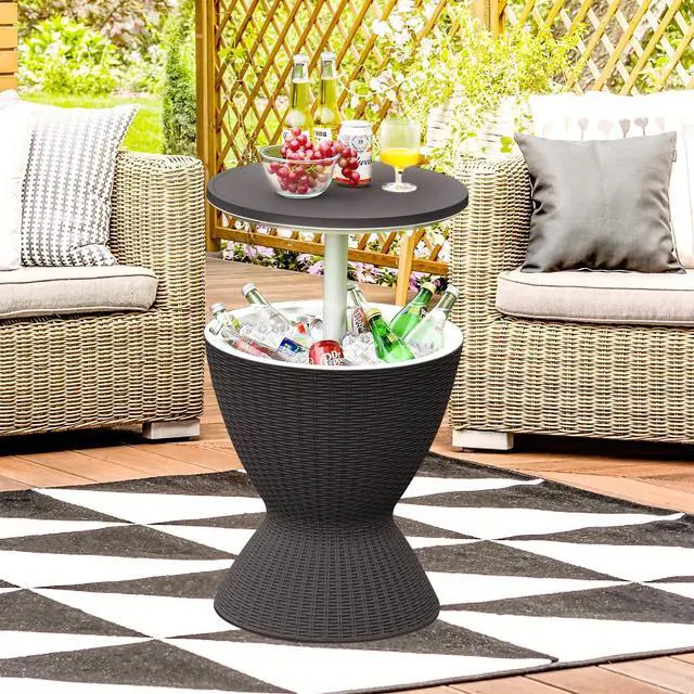 Alt view image 7 of 7 - SlickBlue 3 in 1 8 Gallon Patio Rattan Cooler Bar Table with Adjust Ice Bucket