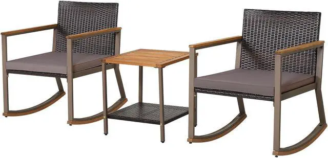Main image of SlickBlue 3 Pieces Rattan Rocking Bistro Set with Coffee Table and Cushions