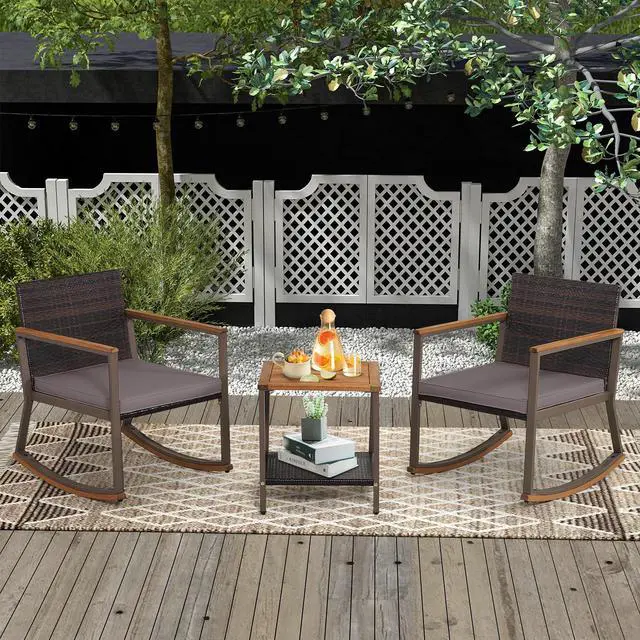 Alt view image 3 of 7 - SlickBlue 3 Pieces Rattan Rocking Bistro Set with Coffee Table and Cushions