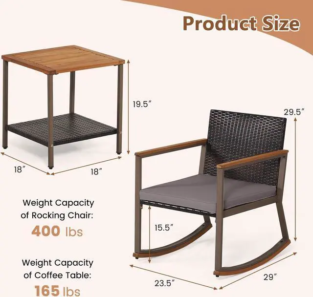 Alt view image 5 of 7 - SlickBlue 3 Pieces Rattan Rocking Bistro Set with Coffee Table and Cushions