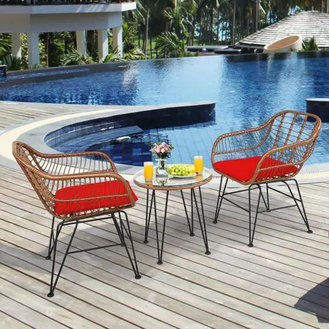 Alt view image 3 of 3 - SlickBlue 3 Pieces Patio Rattan Bistro Set with Cushion