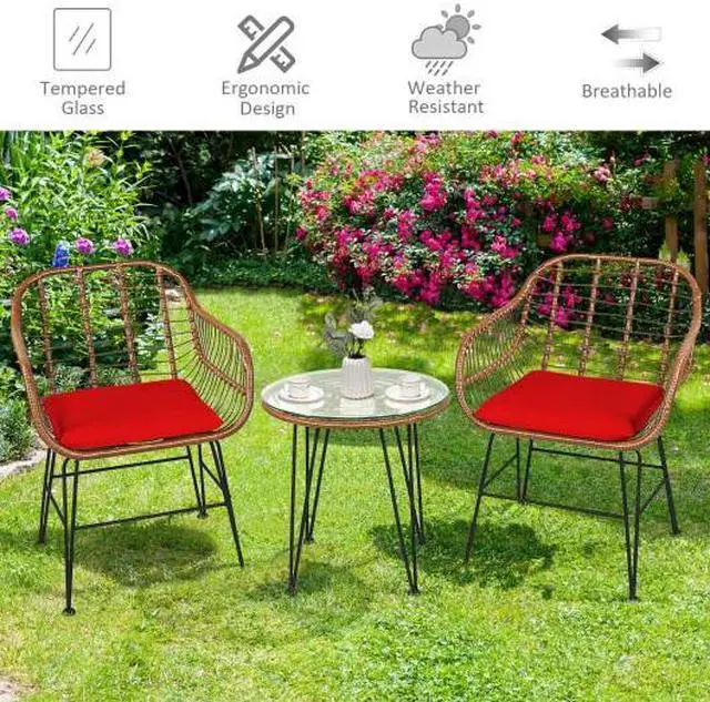 Alt view image 2 of 3 - SlickBlue 3 Pieces Patio Rattan Bistro Set with Cushion