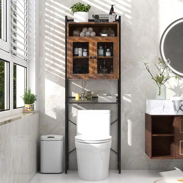 Alt view image 2 of 6 - SlickBlue Over-The-Toilet Storage Cabinet with Heavy-Duty Metal Frame 2-door Freestanding-Rustic Brown