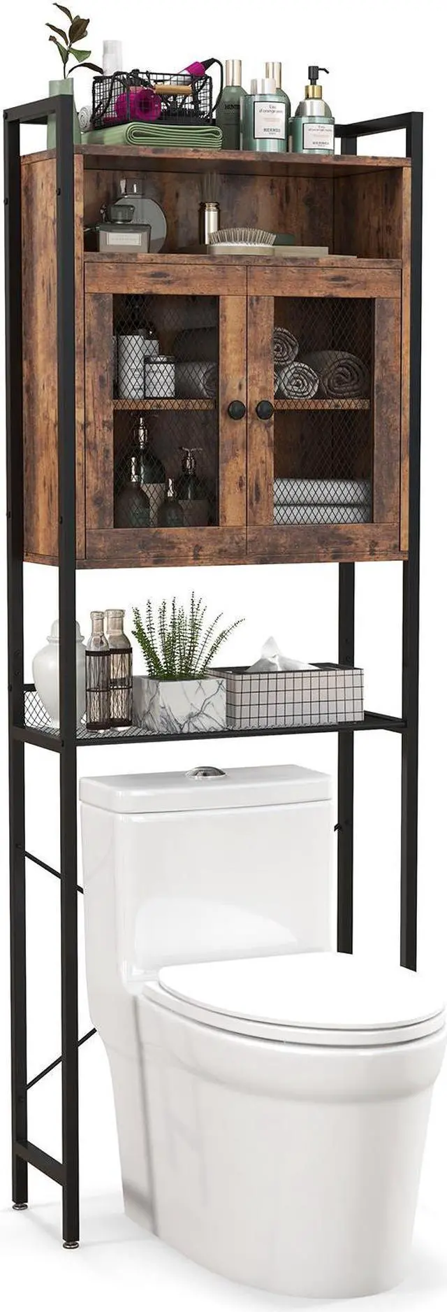 Main image of SlickBlue Over-The-Toilet Storage Cabinet with Heavy-Duty Metal Frame 2-door Freestanding-Rustic Brown