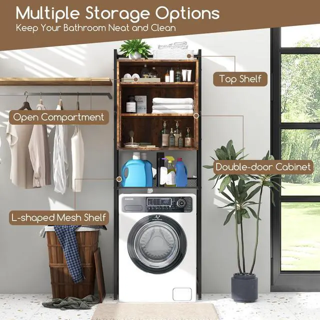 Alt view image 6 of 6 - SlickBlue Over-The-Toilet Storage Cabinet with Heavy-Duty Metal Frame 2-door Freestanding-Rustic Brown