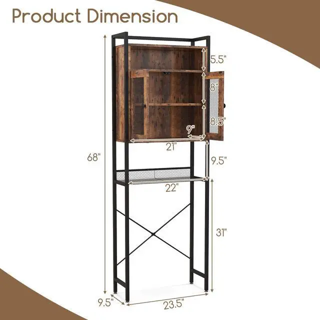 Alt view image 4 of 6 - SlickBlue Over-The-Toilet Storage Cabinet with Heavy-Duty Metal Frame 2-door Freestanding-Rustic Brown