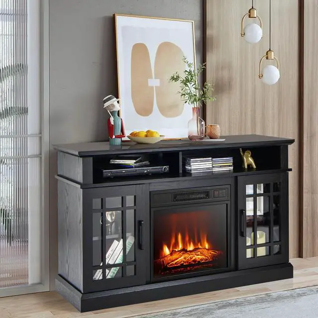 Alt view image 3 of 7 - SlickBlue 48 Inch Electric Fireplace TV Stand with Cabinets for TVs Up to 55 Inch-Black