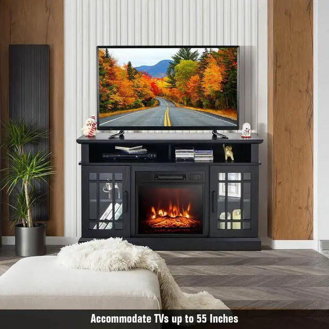 Alt view image 4 of 7 - SlickBlue 48 Inch Electric Fireplace TV Stand with Cabinets for TVs Up to 55 Inch-Black