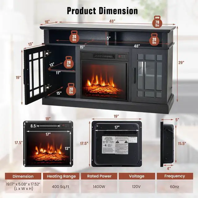 Alt view image 5 of 7 - SlickBlue 48 Inch Electric Fireplace TV Stand with Cabinets for TVs Up to 55 Inch-Black