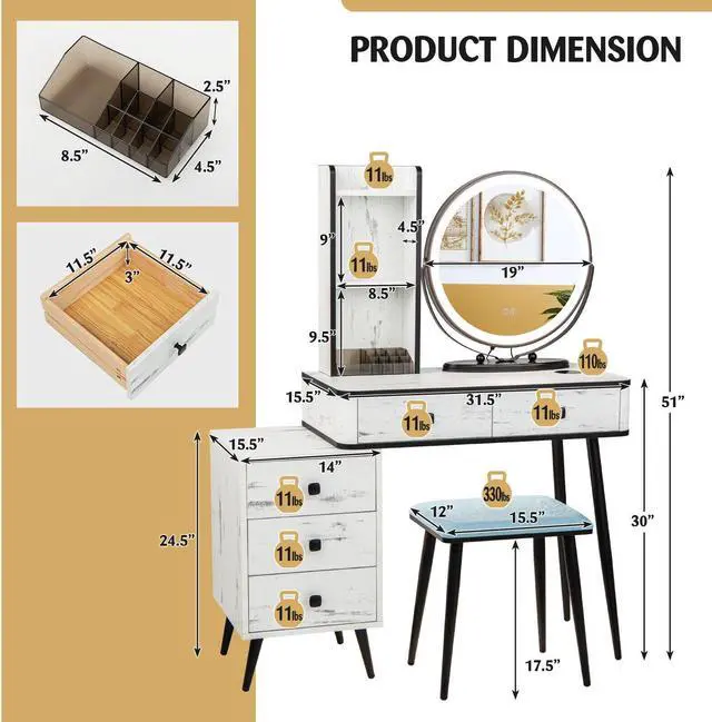 Alt view image 3 of 7 - SlickBlue Vanity Table Set with 3-Color Lighted Mirror and Cushioned Stool