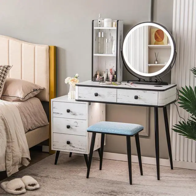 Alt view image 4 of 7 - SlickBlue Vanity Table Set with 3-Color Lighted Mirror and Cushioned Stool