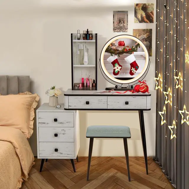 Alt view image 6 of 7 - SlickBlue Vanity Table Set with 3-Color Lighted Mirror and Cushioned Stool