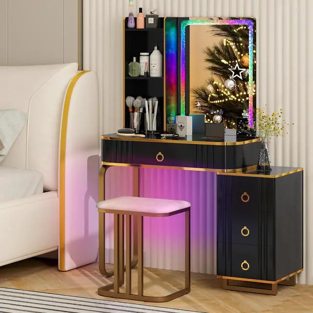 Alt view image 6 of 7 - SlickBlue Vanity Table Set with RGB LED Lights and Wireless Charging Station