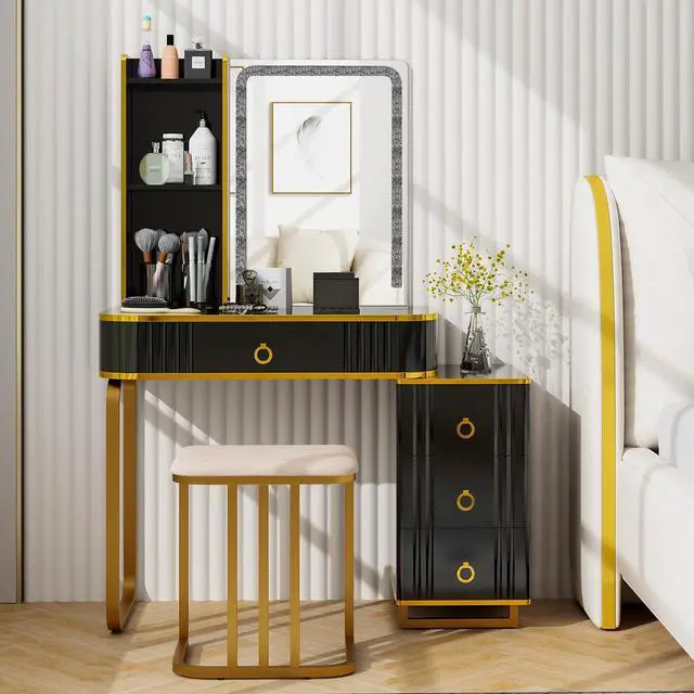 Alt view image 4 of 7 - SlickBlue Vanity Table Set with RGB LED Lights and Wireless Charging Station