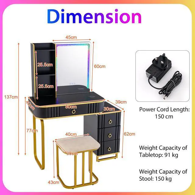 Alt view image 5 of 7 - SlickBlue Vanity Table Set with RGB LED Lights and Wireless Charging Station