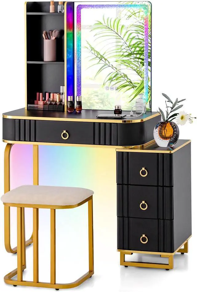 Alt view image 2 of 7 - SlickBlue Vanity Table Set with RGB LED Lights and Wireless Charging Station