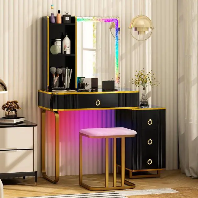 Alt view image 3 of 7 - SlickBlue Vanity Table Set with RGB LED Lights and Wireless Charging Station