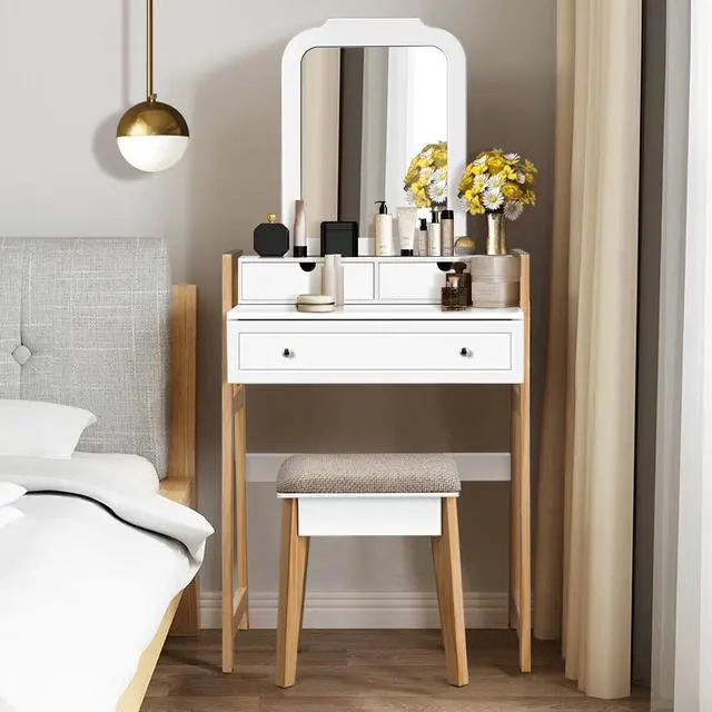 Alt view image 2 of 7 - SlickBlue Vanity Table Set with Cushioned Stool and Large Mirror