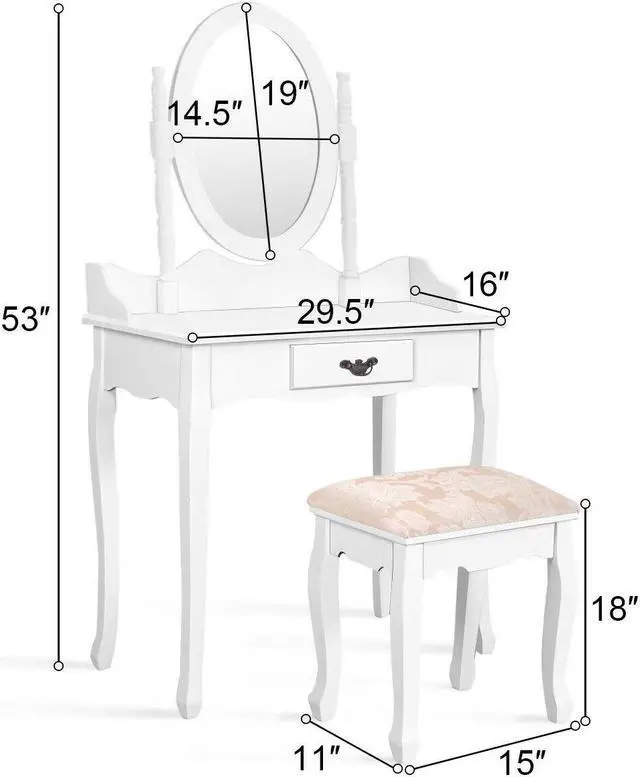 Alt view image 3 of 7 - SlickBlue Wooden Vanity Makeup Set with Cushioned Stool and Oval Rotating Mirror