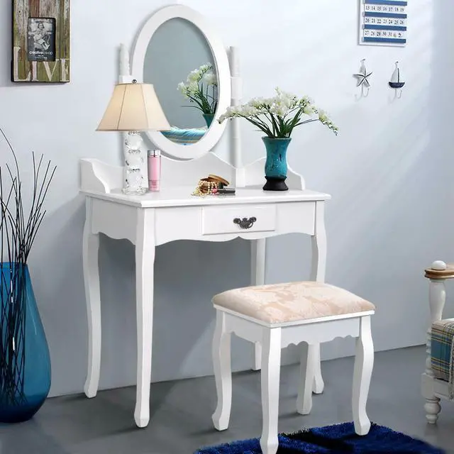 Alt view image 2 of 7 - SlickBlue Wooden Vanity Makeup Set with Cushioned Stool and Oval Rotating Mirror