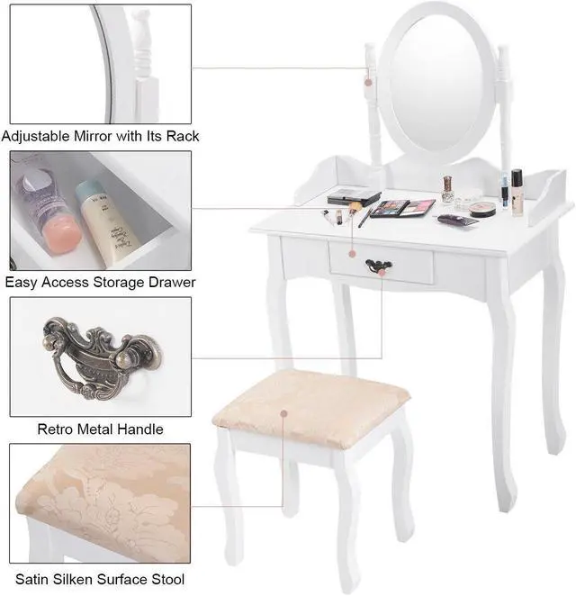 Alt view image 5 of 7 - SlickBlue Wooden Vanity Makeup Set with Cushioned Stool and Oval Rotating Mirror