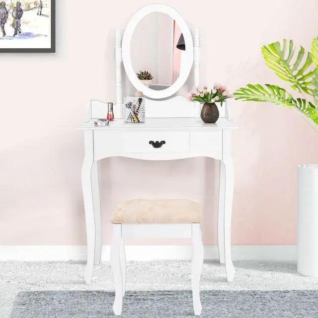 Alt view image 7 of 7 - SlickBlue Wooden Vanity Makeup Set with Cushioned Stool and Oval Rotating Mirror