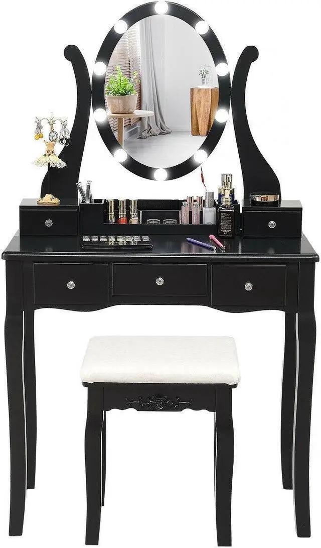 Alt view image 3 of 7 - SlickBlue 10 Dimmable Lights Vanity Table Set with Lighted Mirror and Cushioned Stool