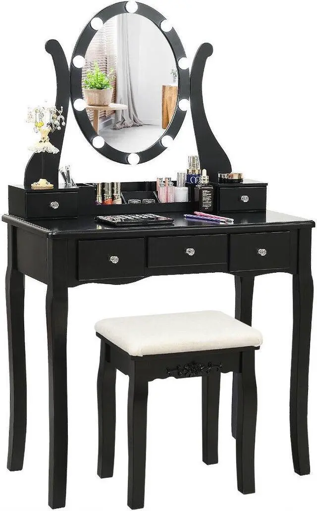 Alt view image 7 of 7 - SlickBlue 10 Dimmable Lights Vanity Table Set with Lighted Mirror and Cushioned Stool