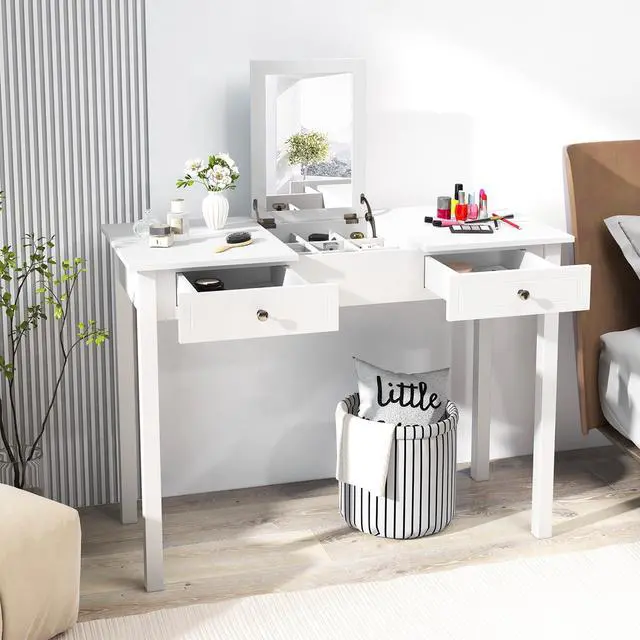 Alt view image 4 of 7 - SlickBlue Vanity Desk Makeup Dressing Table with Flip Top Mirror and Drawers-White
