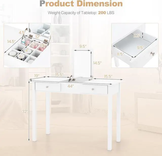 Alt view image 5 of 7 - SlickBlue Vanity Desk Makeup Dressing Table with Flip Top Mirror and Drawers-White