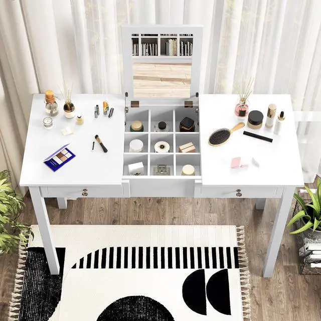 Alt view image 6 of 7 - SlickBlue Vanity Desk Makeup Dressing Table with Flip Top Mirror and Drawers-White