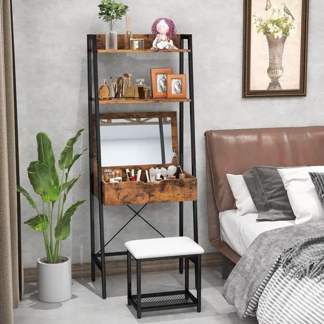Alt view image 3 of 7 - SlickBlue Ladder Vanity Desk Set with Flip Top Mirror and Cushioned Stool