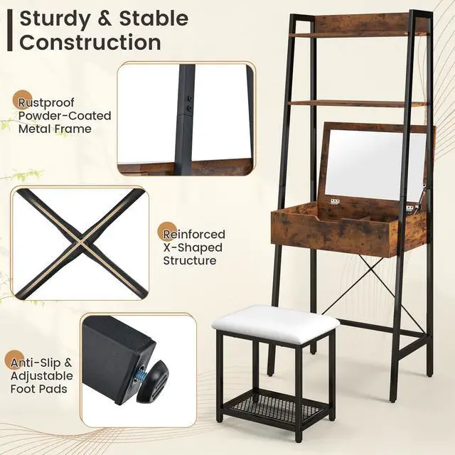 Alt view image 6 of 7 - SlickBlue Ladder Vanity Desk Set with Flip Top Mirror and Cushioned Stool