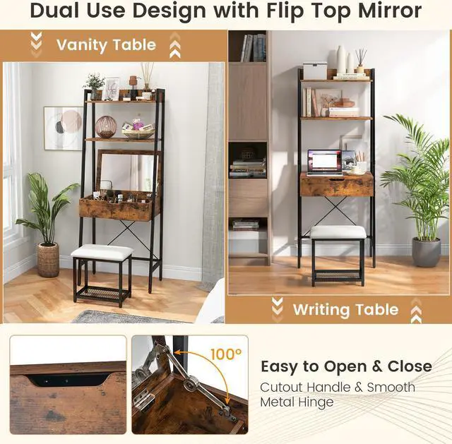 Alt view image 7 of 7 - SlickBlue Ladder Vanity Desk Set with Flip Top Mirror and Cushioned Stool