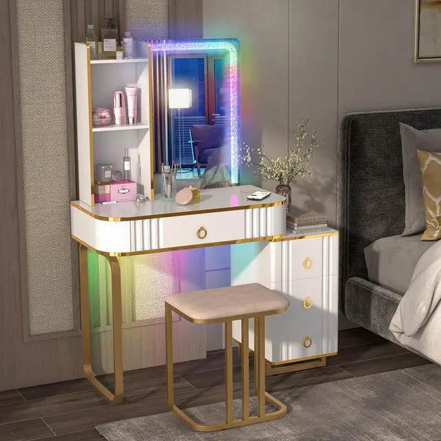 Alt view image 3 of 7 - SlickBlue Vanity Table Set with RGB LED Lights and Wireless Charging Station