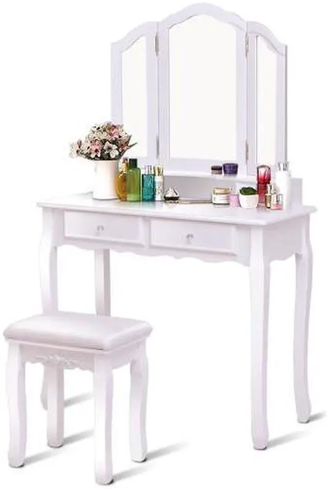 Main image of SlickBlue Tri Folding Mirror Vanity Table Stool Set with 4 Drawers and Cushioned Stool