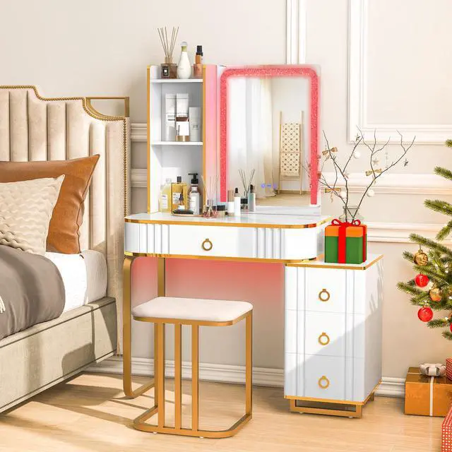 Alt view image 4 of 7 - SlickBlue Vanity Table Set with RGB LED Lights and Wireless Charging Station