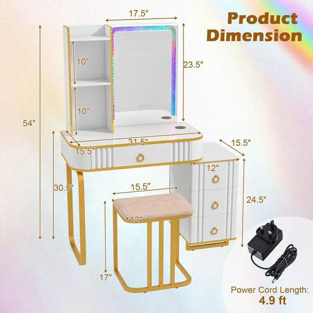 Alt view image 2 of 7 - SlickBlue Vanity Table Set with RGB LED Lights and Wireless Charging Station