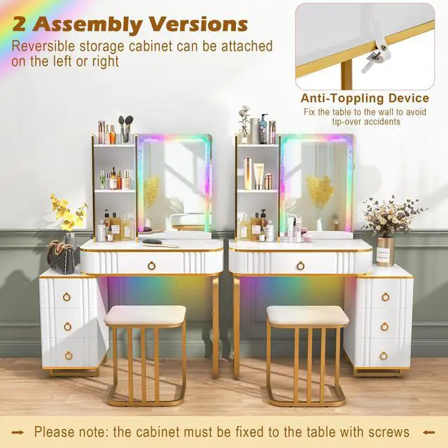 Alt view image 5 of 7 - SlickBlue Vanity Table Set with RGB LED Lights and Wireless Charging Station