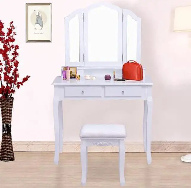 Alt view image 2 of 3 - SlickBlue Tri Folding Mirror Vanity Table Stool Set with 4 Drawers and Cushioned Stool