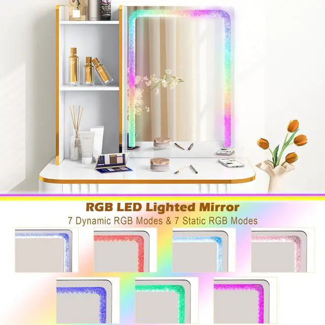 Alt view image 7 of 7 - SlickBlue Vanity Table Set with RGB LED Lights and Wireless Charging Station