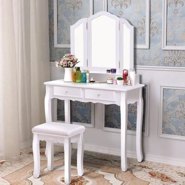 Alt view image 3 of 3 - SlickBlue Tri Folding Mirror Vanity Table Stool Set with 4 Drawers and Cushioned Stool
