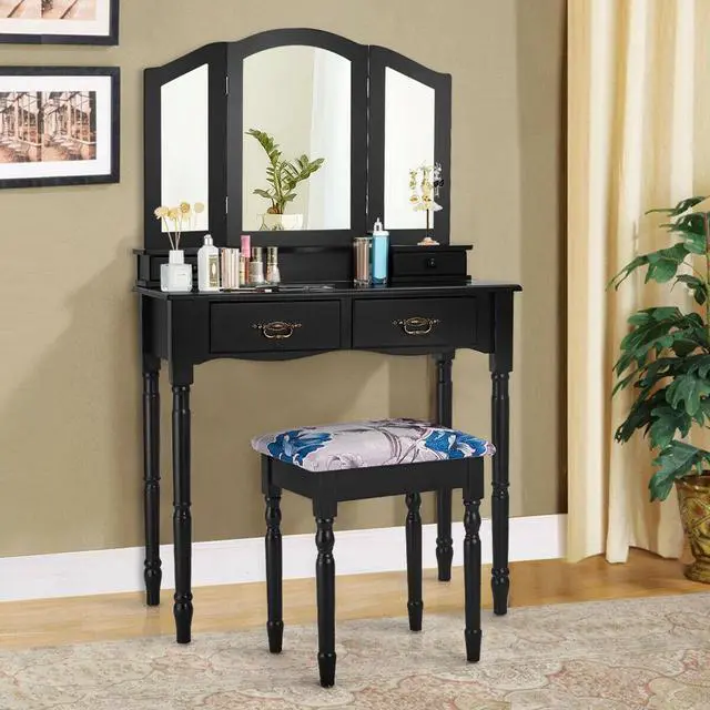 Alt view image 4 of 7 - SlickBlue Simple Vanity Set with Tri-Folding Mirror Drawers and Storage Shelf