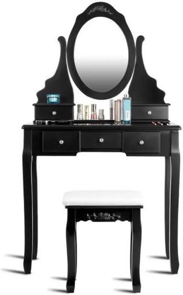 Main image of SlickBlue Wooden Vanity Set with 360Â° Rotating Oval Mirror and Cushioned Stool